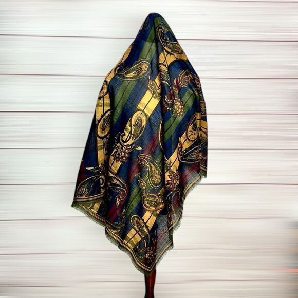 Albert Nipon Wool Square Scarf Shawl Green Blue Yellow Paisley 44x44” Vtg - Picture 3 of 11